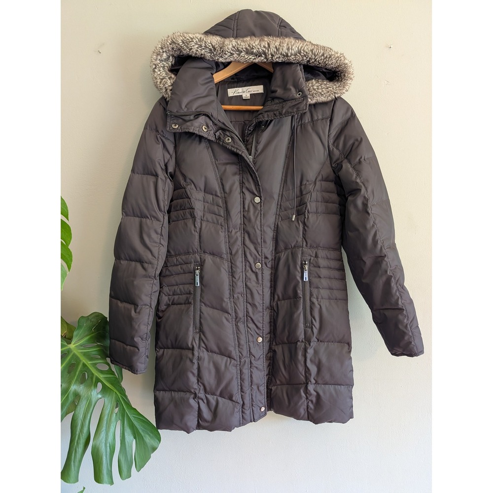 Kenneth Cole New York Womens Down Puffer Coat Gray Faux Fur Hood Parka Size M